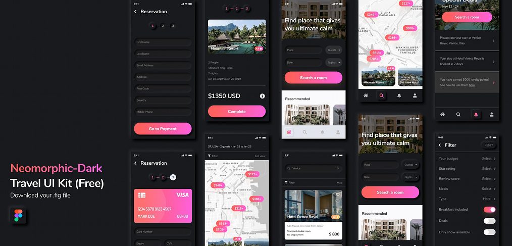Free Figma travel UI kit (dark)